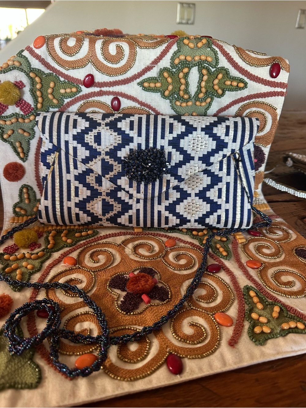 Blue Gold and White Geometric Beaded Clutch